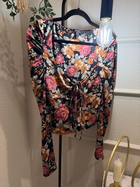 Forever 21 Black Floral Tie-Front Blouse with Pink & Orange Blooms